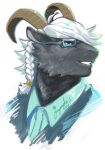  1boy animal_ears bara blue-framed_eyewear braid collared_shirt cropped_torso furry furry_male fuyodo glasses goat_boy goat_ears goat_horns green_eyes green_shirt grey_fur grin highres horizontal_pupils horns male_focus medium_hair muscular muscular_male portrait semi-rimless_eyewear shirt simple_background single_braid smile solo tanngrisnir_(housamo) tokyo_afterschool_summoners twitter_username white_background white_hair 