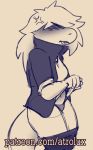  2018 angry anthro atrolux blush breasts clothed clothing clothing_lift deltarune embarrassed female flashing hair jacket navel panties pants patreon reptile scalie shirt shirt_lift solo standing susie_(deltarune) teeth underwear url video_games 