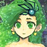  bare_shoulders commentary_request earrings final_fantasy final_fantasy_iv green_eyes green_hair hair_ornament jewelry long_hair nude rydia solo yadoso 