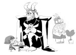  armor asgore_dreemurr beard boss_monster caprine drinking facial_hair gardening horn human long_ears mammal monochrome protagonist_(undertale) rero4 scissors simple_background undertale video_games white_background 