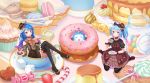  alternate_hair_color bad_id bad_pixiv_id bili_girl_22 bili_girl_33 bilibili_douga black_legwear blue_hair blush bow brown_bow brown_hat candy candy_cane carminar closed_mouth cup doughnut eyebrows_visible_through_hair food hair_bow hat hat_bow high_heels highres long_hair looking_at_viewer multicolored_hair multiple_girls orange_bow over-kneehighs plate pocky purple_hair red_eyes short_hair short_ponytail side_ponytail sitting smile sugar_cube teacup thighhighs tongue tongue_out two-tone_hair wariza 