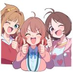  3girls :3 ^_^ absurdres ahoge antenna_hair blue_ribbon blush breasts brown_eyes brown_hair cardigan closed_eyes collarbone double_thumbs_up gakuen_idolmaster green_eyes hair_bun hair_ornament hair_scrunchie hanami_ume hands_up hatsuboshi_gakuen_school_uniform heart heart_print hidaka_ai high_ponytail highres hino_akane_(idolmaster) idolmaster idolmaster_cinderella_girls idolmaster_dearly_stars jacket large_breasts long_hair long_sleeves looking_at_viewer medium_breasts multiple_girls neck_ribbon one_eye_closed open_clothes open_jacket open_mouth outside_border pink_cardigan pink_jacket pink_shirt pom_pom_(clothes) ponytail print_shirt red_shirt ribbon school_uniform scrunchie shirt short_hair short_sleeves simple_background single_side_bun smile sutora_binsuke teeth thumbs_up upper_teeth_only v-shaped_eyebrows white_background white_shirt yellow_scrunchie 