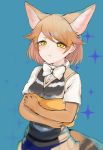  :t animal_ears black-backed_jackal_(kemono_friends) blonde_hair bow bowtie collared_shirt cowboy_shot crossed_arms dnsdltkfkd extra_ears eyebrows_visible_through_hair highres jackal_ears jackal_tail kemono_friends pleated_skirt pout shirt short_hair short_sleeves skirt solo vest yellow_eyes 