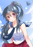  1girl :o anchor_print bangs bare_arms bare_shoulders blue_sailor_collar blue_sky blush breasts cloud cloudy_sky collarbone commentary_request dated day disconnected_mouth double_horizontal_stripe eyebrows_visible_through_hair eyes_visible_through_hair hair_between_eyes high_ponytail kantai_collection large_breasts long_hair looking_at_viewer necktie open_mouth outdoors print_neckwear sailor_collar sailor_collar_lift sidelocks signature sky solo very_long_hair wind wind_lift yahagi_(kantai_collection) 