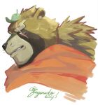  1boy animal_ears bara brown_fur cropped_head furry furry_male fuyodo grin gyobu_(housamo) leaf leaf_on_head long_hair looking_at_viewer low_ponytail male_focus multicolored_fur orange_scarf portrait raccoon_boy raccoon_ears scar scar_across_eye scarf simple_background smile solo thick_eyebrows tokyo_afterschool_summoners twitter_username whiskers white_background 