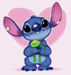  &lt;3_background 2018 alien amphibian black_eyes blue_claws blue_fur blue_nose claws colored_sketch disney duo experiment_(species) feral frog fur green_body head_tilt head_tuft holding_character lilo_and_stitch looking_at_viewer notched_ear smile standing stitch tuft yellow_sclera zillabean 