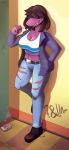 belt big_breasts breasts brown_hair chalk classroom cleavage clothed clothing crop_top deltarune don_ko dragon female footwear freckles hair hair_over_eyes hand_in_pocket jacket jeans midriff on_one_leg open_jacket pants purple_body reptile scalie school sharp_teeth shirt shoes smile standing susie_(deltarune) teeth torn_clothing torn_jeans torn_pants video_games 