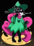  2018 anthro arfventurer black_fur blush caprine clothed clothing deltarune dialogue digital_media_(artwork) eyewear fur girly glasses goat hat horn male mammal ralsei robe scarf solo text video_games 