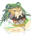  1boy animal_ears arsalan_(housamo) bara beard brown_fur cape chest_hair closed_mouth cropped_torso facial_hair furry furry_male fuyodo green_hair grey_hair large_pectorals lion_boy lion_ears long_hair looking_at_viewer male_focus mature_male muscular muscular_male pectorals portrait red_eyes simple_background smile solo thick_eyebrows tokyo_afterschool_summoners twitter_username two-tone_beard whiskers white_background 