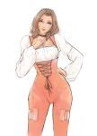 1girl aerith_gainsborough black_choker blue_eyes bodysuit choker commentary cosplay english_commentary eyelashes final_fantasy final_fantasy_ix final_fantasy_vii final_fantasy_vii_ever_crisis garnet_til_alexandros_xvii garnet_til_alexandros_xvii_(cosplay) hand_on_own_hip highres in-franchise_crossover long_hair looking_at_viewer orange_bodysuit papermint_tea simple_background solo standing white_background 