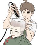  2boys ahoge alternate_hairstyle brown_eyes brown_hair choso_giving_toudou_a_haircut_(meme) collared_shirt danganronpa_(series) danganronpa_2:_goodbye_despair electric_razor fade_(haircut) frown green_jacket green_necktie grey_background grey_hair hairdressing hinata_hajime holding_razor jacket kmnm_1403 komaeda_nagito male_focus meme multiple_boys necktie razor shirt short_hair short_sleeves simple_background smile upper_body 