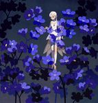  bare_legs bare_shoulders barefoot blue_flower braid dress expressionless fairy fairy_wings flower forget-me-not_(flower) insect_wings long_hair looking_away minigirl original pointy_ears rt0no short_dress single_braid solo standing strapless tiptoes very_long_hair white_dress white_hair wings 