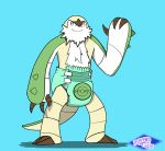  2018 beard cel_shading chesnaught clothed clothing diaper digital_media_(artwork) facial_hair feral fur green_eyes male mammal nintendo pampbird_(artist) pok&eacute;mon pok&eacute;mon_(species) shell signature simple_background solo spikes standing thumbs_up video_games white_fur 