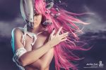  1girl bandage breasts cleavage cosplay elfen_lied eyes_closed helmet horns long_hair lucy pink_hair 