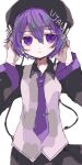  1girl beret black_hat black_skirt closed_mouth clothes_writing ebi834 frown hair_between_eyes hands_up hat long_sleeves pleated_skirt purple_eyes purple_hair robot_ears short_hair simple_background skirt solo utane_uta utau white_background 
