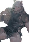  1boy bara facial_hair from_above furry furry_male goatee_stubble head_scarf highres large_pectorals looking_at_viewer male_focus mature_male monochrome muscular muscular_male neumo original pectorals short_hair short_shorts shorts sidepec sitting solo stubble sweat thick_thighs thighs white_background 