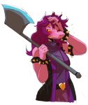  &lt;3 2018 athletic axe belt black_eyes blush bracelet breasts clothed clothing deltarune female freckles fully_clothed galaxyspark hair half-closed_eyes hand_on_head holding_object holding_weapon jeans jewelry melee_weapon pants purple_hair reptile scalie sharp_teeth simple_background small_breasts solo spiked_armlet spiked_bracelet spikes standing susie_(deltarune) teeth weapon white_background yellow_sclera yellow_teeth 
