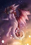  2018 dutch_angel_dragon feral flying hanami mane naahva nude outside petals sakura sky smile star wings 