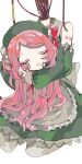  1girl android apron back_bow bare_shoulders beret bow bowtie cable closed_eyes closed_mouth detached_sleeves disembodied_head dot_nose dress ebi834 fingernails frilled_apron frills green_dress green_hat green_sleeves hair_ornament hairclip hat holding_detached_head lace-trimmed_dress lace_trim long_hair momone_momo nail_polish pink_hair pink_nails red_bow red_bowtie ribbon-trimmed_sleeves ribbon_trim shoulder_tattoo simple_background sitting smile solo tattoo utau white_apron white_background white_bow 