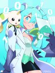  1girl artist_name black_skirt blue_eyes blue_hair breasts cleavage coat cowboy_shot crossover digimon digimon_(creature) green_shirt hatsune_miku holding holding_tablet_pc horns lab_coat large_breasts long_hair miniskirt shirt single_horn skirt supermondobeat tablet_pc terriermon terriermon_joshu twintails very_long_hair vocaloid white_coat 