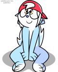 2018 5:4 ambiguous_gender anthro canine clothed clothing cub digital_media_(artwork) flat_colors hat male mammal mostly_nude naturally_censored pokefound simple_background sitting smile solo white_background wolf young 