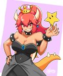  1girl artist_name bangs bare_shoulders black_collar black_dress black_nails bowsette bracelet breasts brooch cleavage collar collarbone crown dark_skin dress earrings eyebrows_visible_through_hair fang fingernails grin hair_between_eyes hand_on_hip highres horns jewelry kumo_(kumo8159) large_breasts long_hair mario_(series) nail_polish new_super_mario_bros._u_deluxe nintendo outline pointy_ears ponytail red_eyes red_hair sharp_fingernails smile solo spiked_armlet spiked_bracelet spiked_collar spikes star strapless strapless_dress super_crown tail thick_eyebrows turtle_shell v-shaped_eyebrows white_outline 