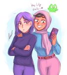  ... 2girls aosora_(mizore) black_eyes black_hair breasts cellphone commentary crossed_arms dark-skinned_female dark_skin duo_(duolingo) duolingo eyeshadow grin head_scarf holding holding_phone lily_(duolingo) makeup medium_breasts multiple_girls pants phone pink_pants pink_scarf purple_eyeshadow purple_hair purple_pants purple_shirt scarf shirt signature smartphone smile turtleneck zari_(duolingo) 