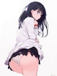  ass bangs black_hair black_skirt blue_eyes cardigan closed_mouth commentary_request cowboy_shot eyebrows eyebrows_visible_through_hair hand_on_own_chin jacket long_hair long_sleeves looking_back medium_hair nauribon orange_scrunchie panties pleated_skirt scrunchie shirt shirt_lift skirt solo ssss.gridman takarada_rikka thighs underwear white_cardigan white_panties white_shirt wrist_scrunchie 