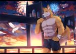  2018 abs anthro biceps canine clothed clothing digital_media_(artwork) fireworks fur hi_res kemono male mammal muscular nekojita pecs shorts topless 