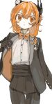 1girl a.i._voice adachi_rei black_gloves black_hairband black_jacket black_pants bow bowtie buttons collared_shirt cowboy_shot double-parted_bangs dress_shirt ebi834 gloves hair_between_eyes hair_ribbon hairband headlamp jacket long_hair long_sleeves low-tied_long_hair open_clothes open_jacket open_mouth orange_bow orange_bowtie orange_eyes orange_hair pants radio_antenna ribbon shirt simple_background solo thigh_gap utau white_background white_ribbon white_shirt 