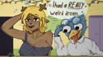 anthro avian berdly bird blonde_hair breasts brown_body brown_breasts brown_fur clothed clothed/nude clothing deer deltarune duo female fur hair hi_res leewonteey male male/female mammal new_world_deer noelle_holiday nude public public_nudity reindeer tired undertale_(series) world