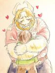  &lt;3 asgore_dreemurr beard blush boss_monster caprine facial_hair flower horn hug human kris_(deltarune) long_ears mammal plant tsubucocco undertale video_games 