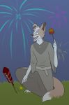  anthro apple bonfire_night border_collie canine clothed clothing collie digital_media_(artwork) dog fireworks food fruit fur hair holidays kingrusty kneeling male mammal open_mouth robe smile solo teeth tongue 