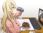  alcohol alternate_costume asahi_breweries beer beer_can bespectacled blonde_hair brand_name_imitation can chopsticks closed_eyes commentary_request computer contact_lens drinking food glasses holding holding_can iowa_(kantai_collection) kantai_collection keyboard_(computer) long_hair misumi_(niku-kyu) monitor mouse_(computer) profile solo star star-shaped_pupils symbol-shaped_pupils twitter_username 