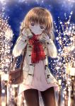  bag bare_tree black_legwear blush brown_eyes brown_hair can christmas_lights coat commentary_request drink handbag highres holding holding_can lamppost looking_at_viewer maya_(tirolpop) night night_sky original outdoors pantyhose plaid plaid_scarf red_scarf scarf sky smile solo standing tree 