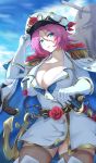  4zz adjusting_clothes adjusting_hat anchor blue_eyes breasts collarbone commentary_request fate/extra fate/grand_order fate_(series) flower francis_drake_(fate) gloves hat highres large_breasts lips long_hair looking_at_viewer military military_uniform pink_hair rose sheath sheathed skindentation solo sword thick_thighs thighs thorns uniform weapon white_gloves 