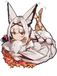  animal_ear_fluff animal_ears bangs barefoot commentary eyebrows_visible_through_hair fox_ears fox_tail japanese_clothes leaf legs_up long_hair lying maple_leaf off_shoulder on_stomach original red_eyes silver_hair simple_background smile solo tail tail_hug tied_hair white_background wide_sleeves yuuji_(yukimimi) 
