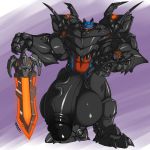 anthro armor balls big_balls clothed clothing dragon flaccid huge_balls humanoid_penis hyper hyper_balls hyper_penis looking_at_viewer male melee_weapon muscular muscular_male penis retracted_foreskin rhinoking smile solo standing sword uncut vein weapon 
