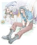  3boys 80850love_fu artist_name black_footwear black_gloves black_hair blonde_hair blue_jacket boots brown_pants closed_eyes cropped_jacket crossed_arms dissidia_final_fantasy dog_tags feather_hair_ornament feathers final_fantasy final_fantasy_ix final_fantasy_viii fingerless_gloves floating full_body furrowed_brow gloves grass green_eyes grey_hair hair_behind_ear hair_ornament head_on_hand highres jacket kuja laguna_loire long_hair low_ponytail lying male_focus midriff multiple_boys on_stomach open_mouth pants parted_bangs purple_jacket sitting sleeves_rolled_up smile tank_top white_tank_top wide_sleeves zidane_tribal 