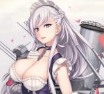  apron azur_lane bangs belfast_(azur_lane) blue_eyes blush braid breasts cannon chain cleavage collar collarbone commentary_request dress eyebrows_visible_through_hair french_braid frills gauntlets gloves large_breasts long_hair looking_at_viewer machinery maid maid_headdress open_mouth rigging rokuwata_tomoe sidelocks silver_hair smile solo upper_body white_gloves 