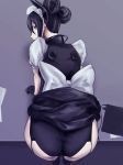  agent_(girls_frontline) ass bent_over black_gloves black_hair black_legwear black_panties commentary_request double_bun dress dress_lift from_behind garter_belt garter_straps girls_frontline glaring gloves hair_between_eyes half_gloves highres long_hair looking_at_viewer looking_back maid maid_headdress mizukamakiri panties puffy_short_sleeves puffy_sleeves sangvis_ferri scowl short_sleeves solo thighhighs underwear 