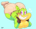  anthro big_butt blue_background breasts butt clothed clothing croc_(vimhomeless) crocodile crocodilian featureless_breasts female fingerless_gloves gloves looking_at_viewer pinup pose purple_eyes reptile scalie shorts simple_background solo topless vimhomeless 