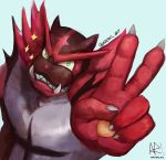  2018 avero_art cat claws digital_media_(artwork) feline fur hi_res incineroar male mammal muscular nintendo pok&eacute;mon pok&eacute;mon_(species) red_fur simple_background smile solo striped_fur stripes teeth tiger v_sign video_games 