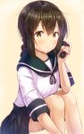  bangs blue_ribbon blue_skirt blush bow braid brown_eyes brown_hair closed_mouth eyebrows_visible_through_hair green_sailor_collar hair_between_eyes hair_bow holding holding_hair isonami_(kantai_collection) kantai_collection long_hair looking_at_viewer minarai_shachou neck_ribbon panties pleated_skirt red_bow ribbon sailor_collar school_uniform serafuku shirt short_sleeves single_braid sitting skirt solo underwear white_panties white_shirt 