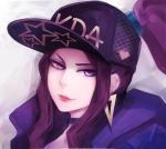  absurdres akali choker closed_mouth earrings hair_ornament hat high_ponytail highres huge_filesize idol jacket jewelry k/da_(league_of_legends) k/da_akali league_of_legends long_hair looking_at_viewer peaked_cap purple_eyes purple_hair purple_jacket rebyo sidelocks simple_background smile solo upper_body v-shaped_eyebrows white_background 