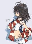  1girl american_flag_shirt amiami dated denim derivative_work female jacket jeans messy_hair midriff navel original pants sleeves_past_wrists solo 