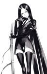  1other bort closed_mouth commentary elbow_gloves english_commentary gloves greyscale highres holding holding_sword holding_weapon houseki_no_kuni long_hair monochrome necktie simple_background standing sword thighhighs v-shaped_eyebrows very_long_hair weapon white_background yonq98 