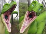  2018 3d_(artwork) digital_media_(artwork) dinosaur dragon duo female female_pred female_prey hi_res larger_female looking_at_viewer mouth_shot open_mouth oral_vore outside saliva scalie size_difference teeth theropod throat tongue verde vore whiteperson ziina 