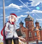  9a-91_(girls_frontline) absurdres bangs beret black_legwear blue_eyes blue_skirt blue_sky blush breasts cardigan cathedral closed_mouth cloud commentary_request dated day earphones eyebrows_visible_through_hair girls_frontline hair_between_eyes hair_ornament hand_in_pocket hat highres holding light_particles long_hair looking_at_viewer medium_breasts outdoors pantyhose pleated_skirt red_hat red_scarf russia scarf school_uniform sechka signature silver_hair skirt sky solo star star_hair_ornament sweatdrop very_long_hair weapon_case 