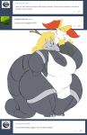  aggron apron big_breasts big_tail black_fur braixen breasts claws cleavage clothed clothing female fur horn male mature_female nintendo overweight pok&eacute;mon pok&eacute;mon_(species) rakashama red_fur size_difference stick thick_thighs video_games white_fur wide_hips yellow_fur 